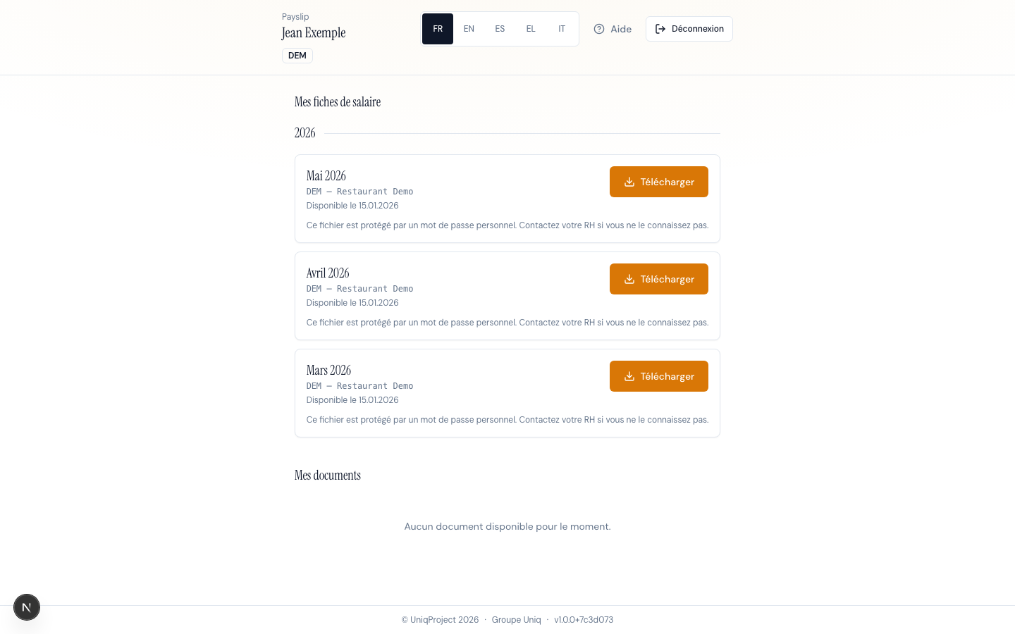 Liste Mes fiches de salaire, avec un bouton Télécharger sur chaque fiche