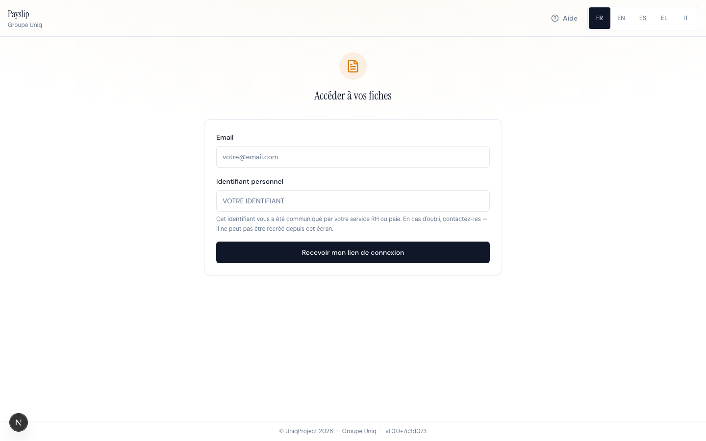 Page de connexion : champs Email et Identifiant personnel, bouton Recevoir mon lien de connexion